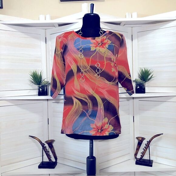 Vintage Floral Print Blouse Blue Red Tan Size Large - Picture 2 of 7